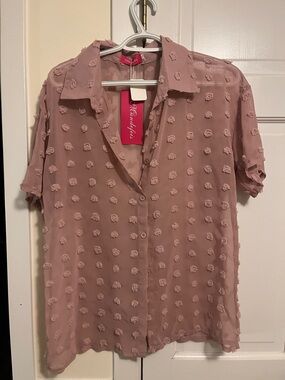 Mauve Textured Short-Sleeve Button-Down Blouse